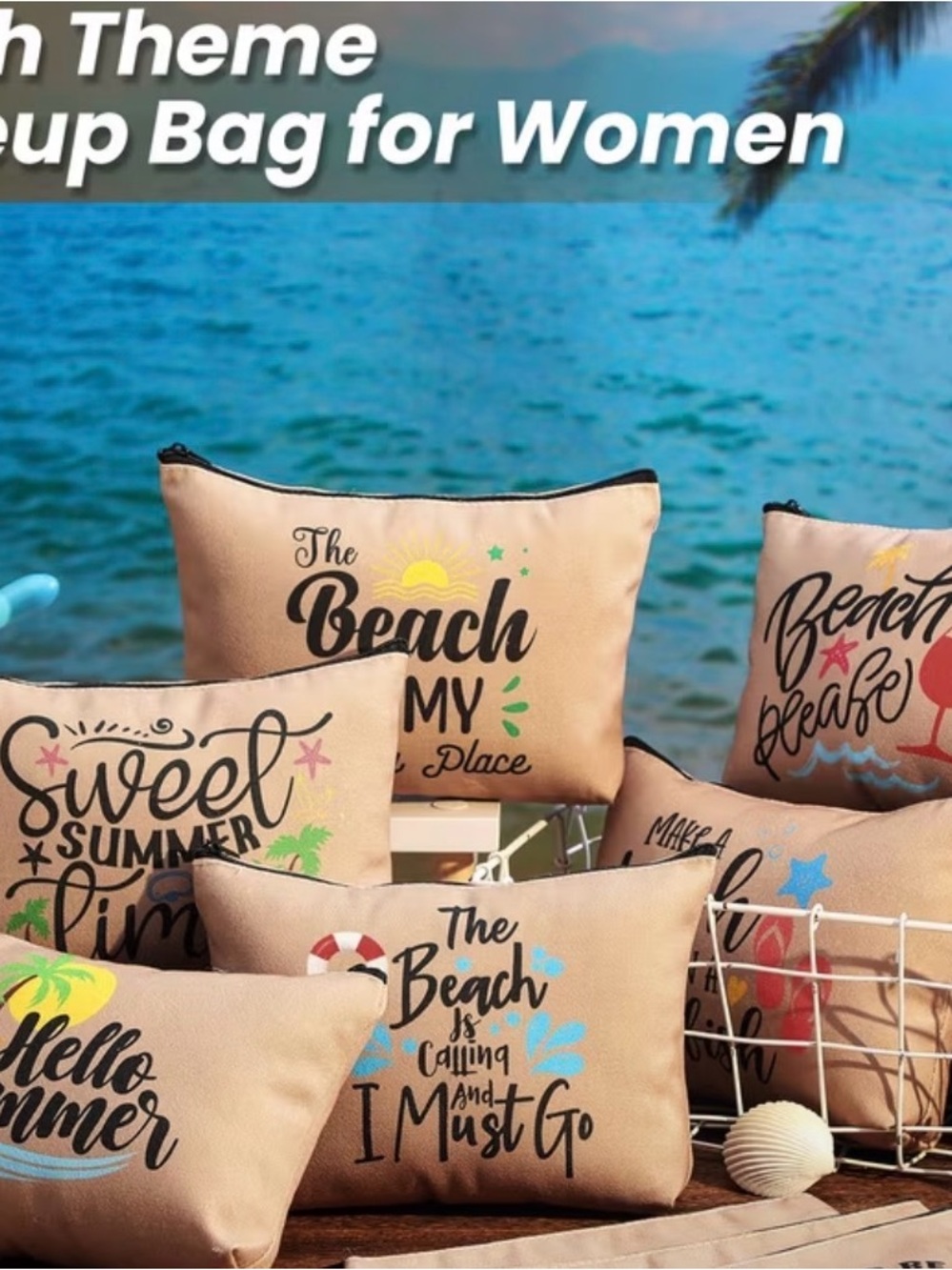 💕5/25💕Canvas Beach Pouch - Beige Summer Print - Picture 3 of 3